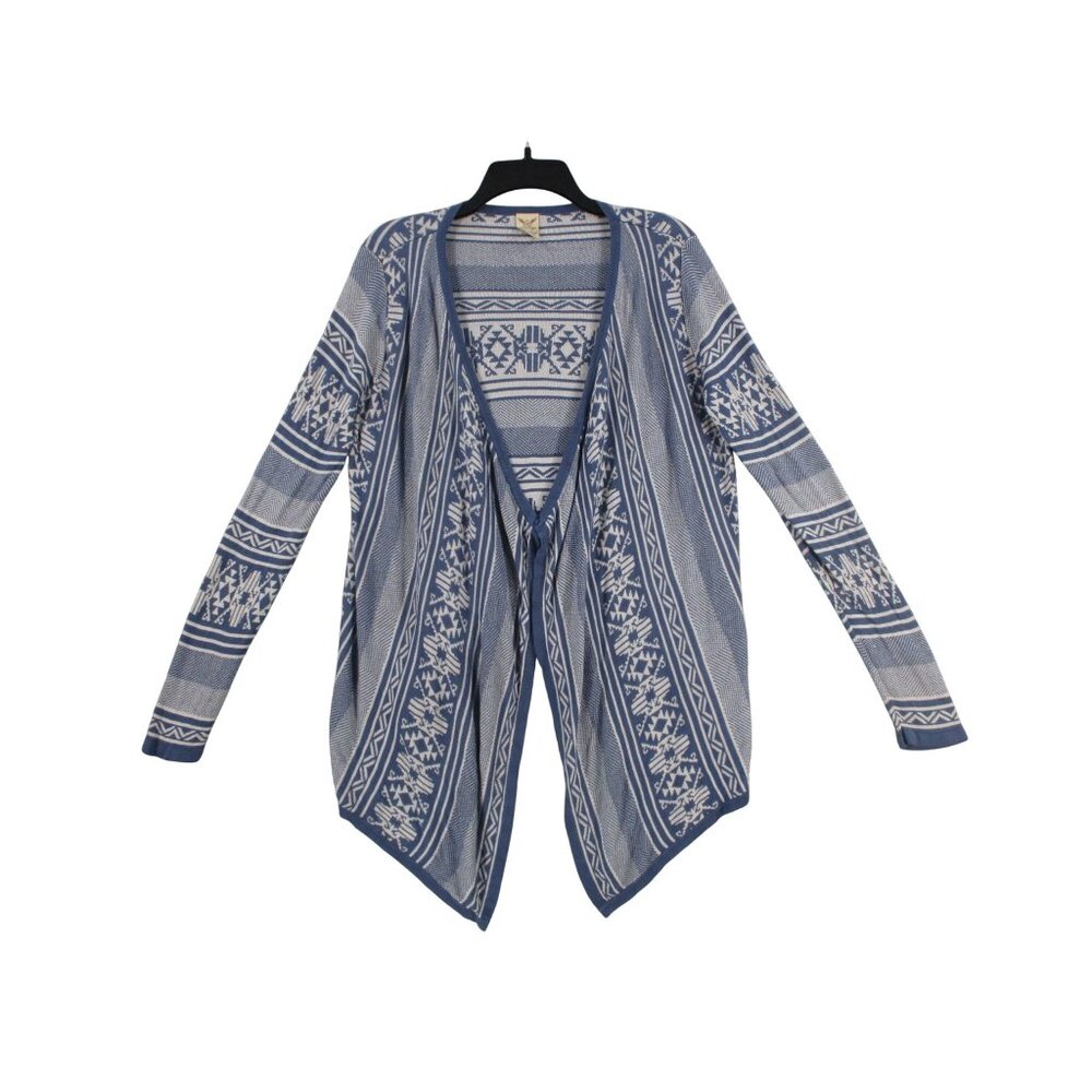 Faded Glory Aztec Print Waterfall‎ Cardigan Blue White Rayon Sweater Size -M